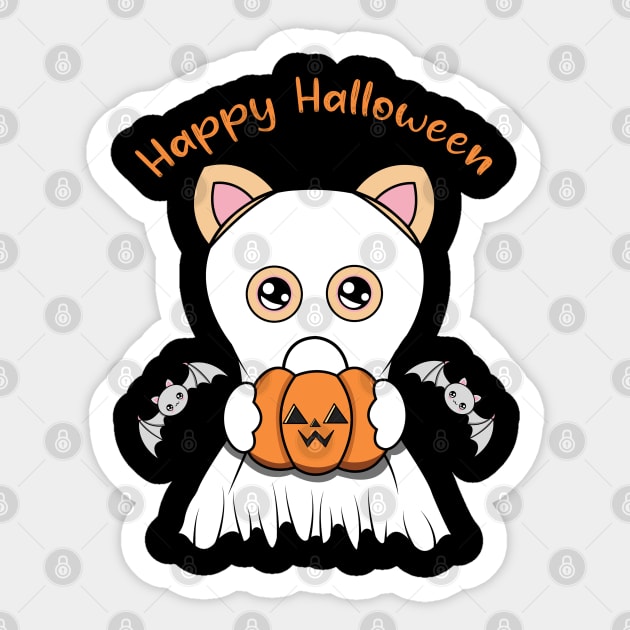 Happy Halloween Cute ghost Cat, Kawaii black cat with pumpkin Sticker by JS ARTE